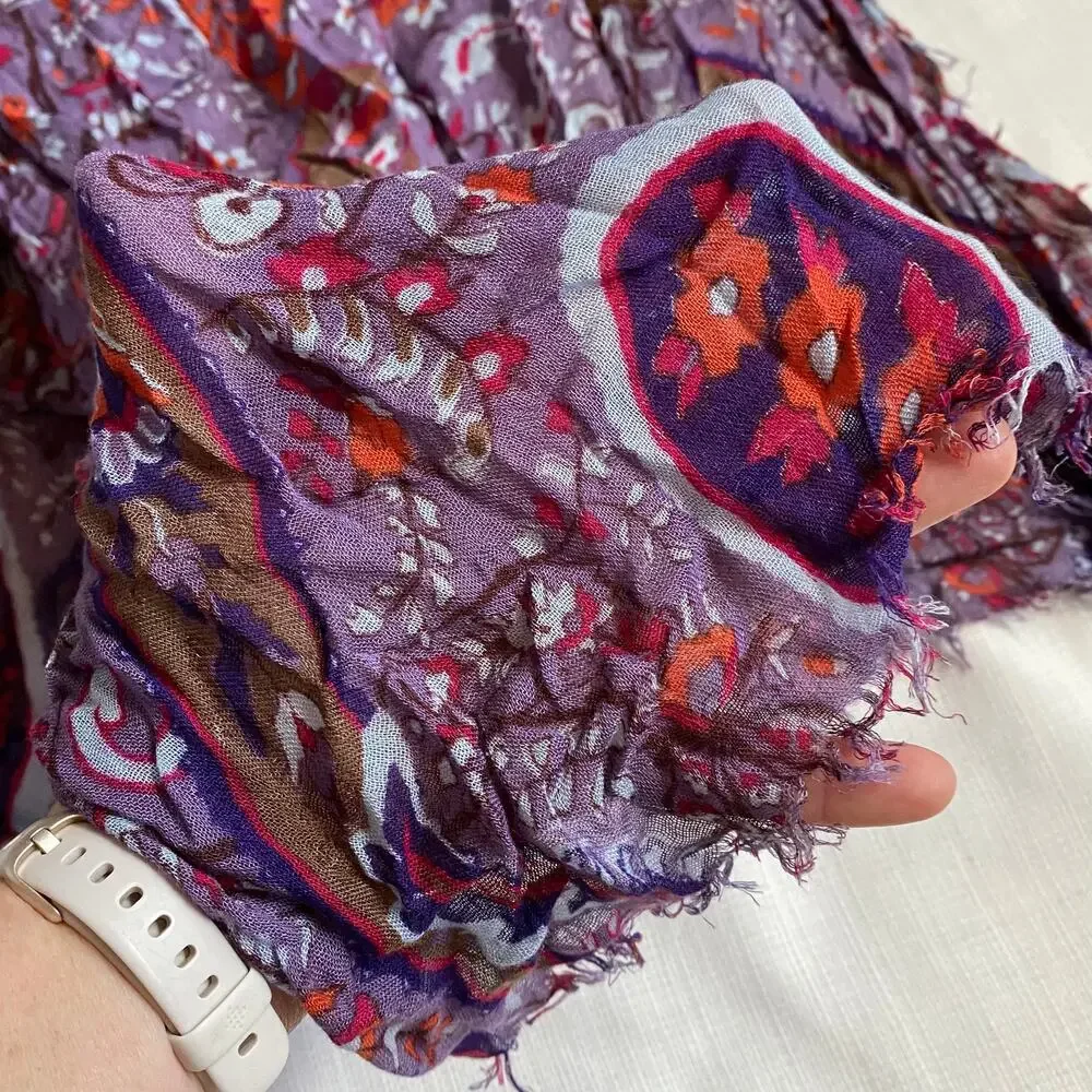 Purple Paisley Semi Sheer Raw‎ Edges Long Scarf in Great Condition